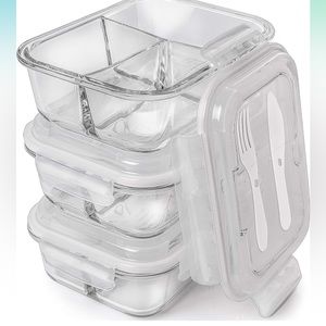 Glass Meal Prep Containers 3 Compartment (3 - Pack)